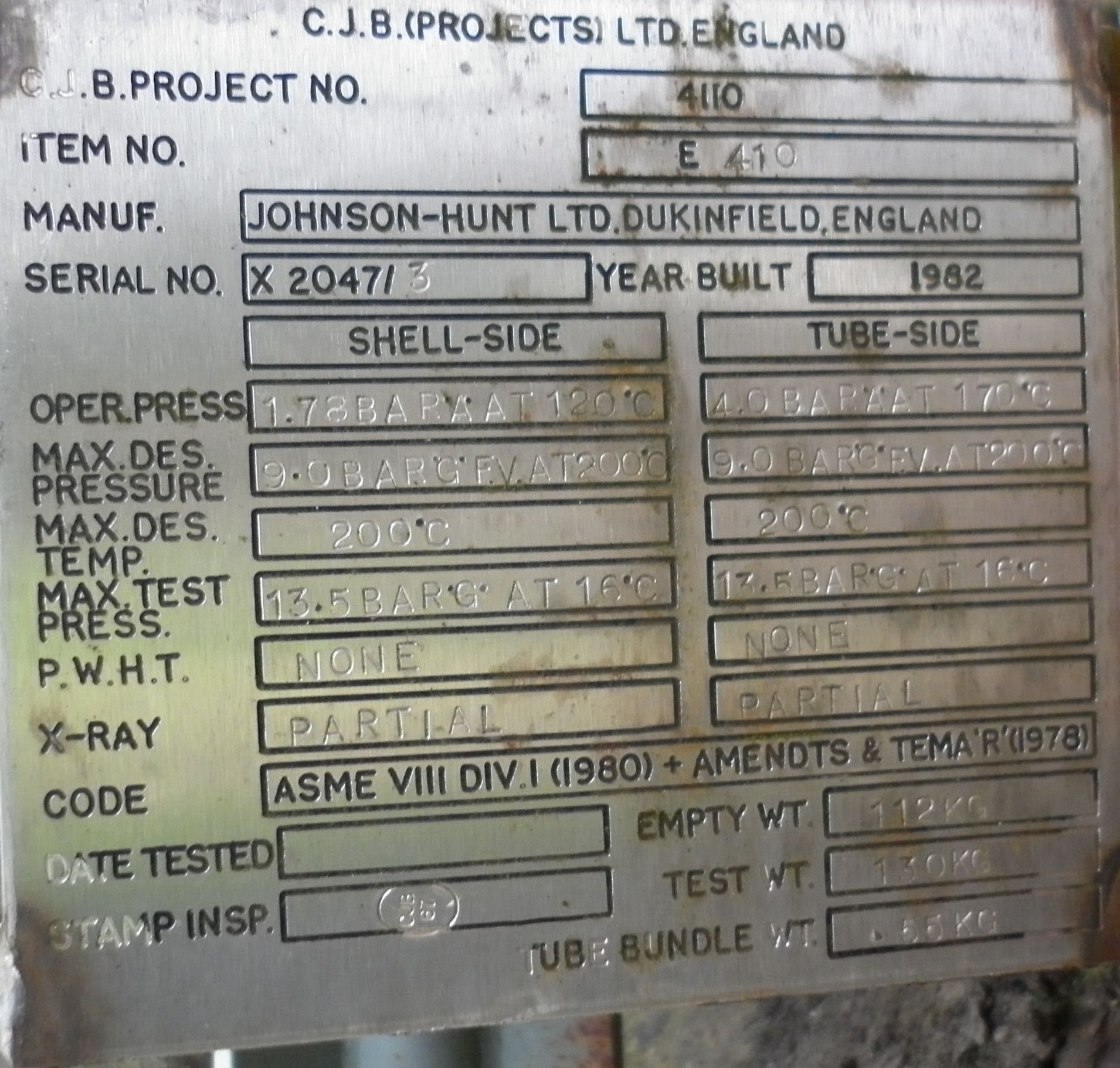 Unused Carbon Steel Johnson Hunt LTD BEU Shell and Tube Heat Exchanger - IPP# 105543
