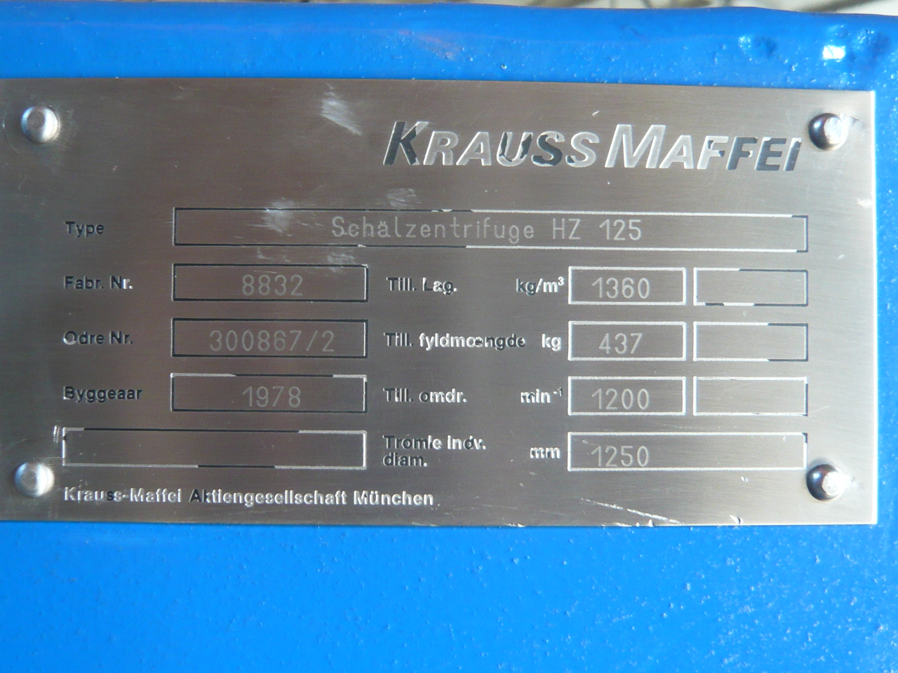 Stainless Steel Austenitic Krauss Maffei HZ125 Centrifuge-Peeler - IPP# 206217