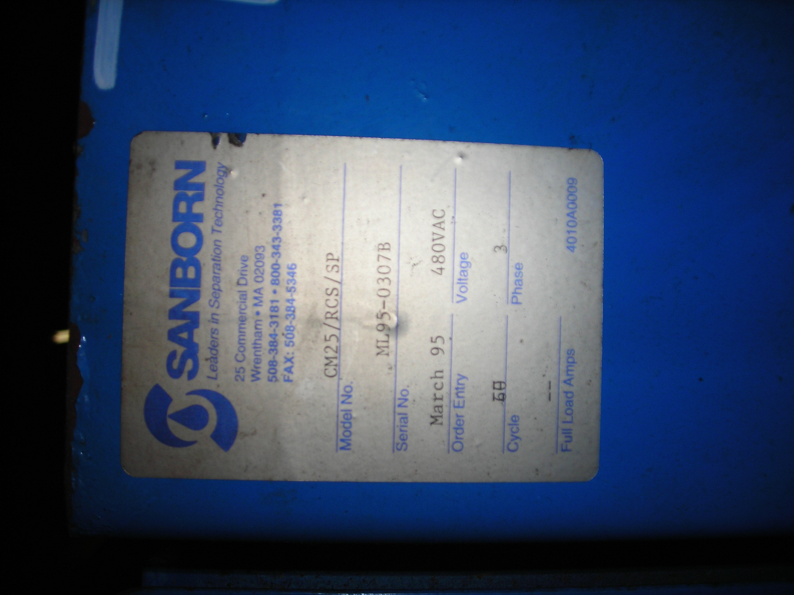 Sanborn CM25/RCS/SP Centrifuge-Misc. & Hydraulic - IPP# 206888