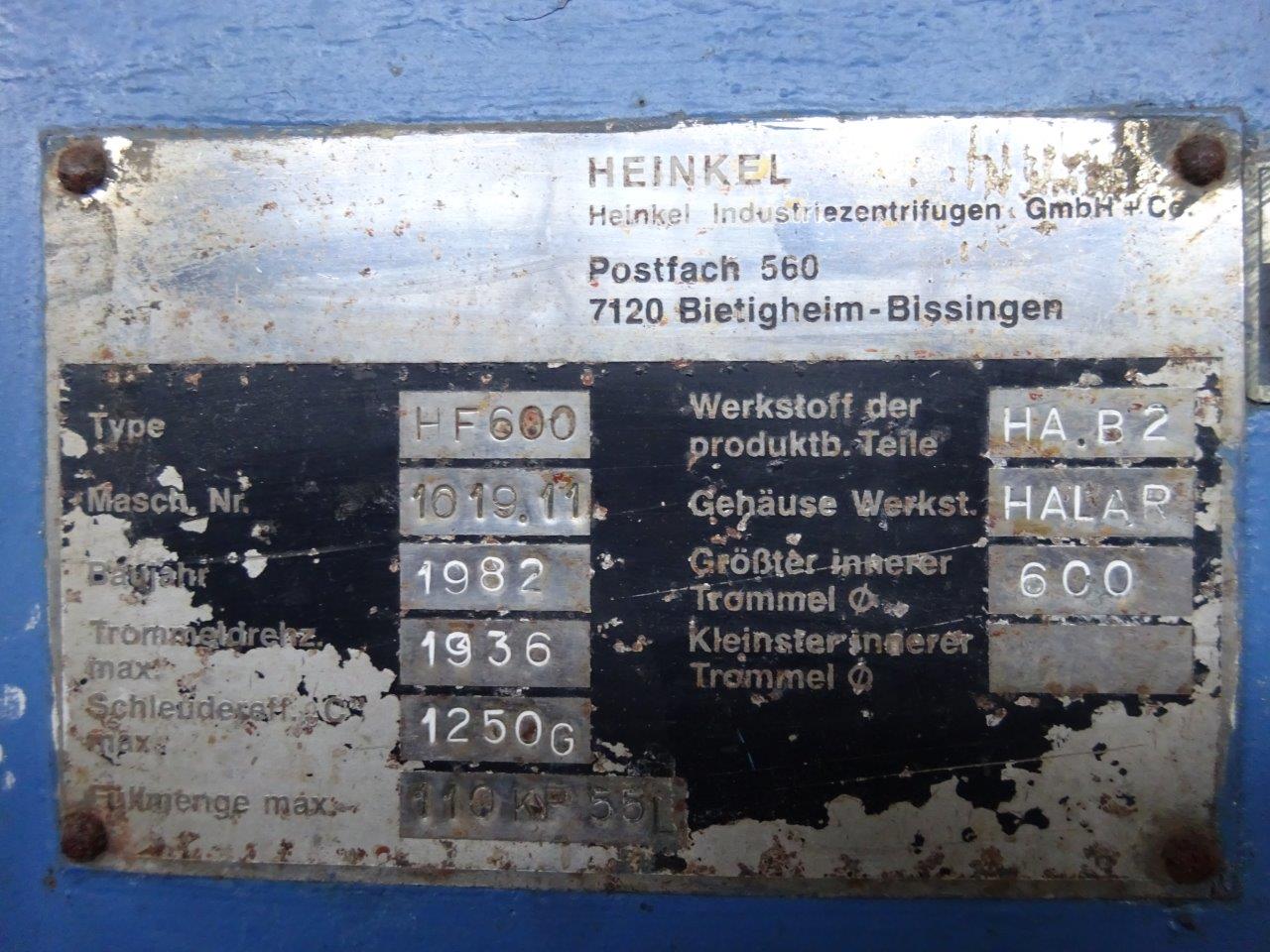Halar Lined Heinkel HF 600 Centrifuge-Inverting Filter - IPP# 201061