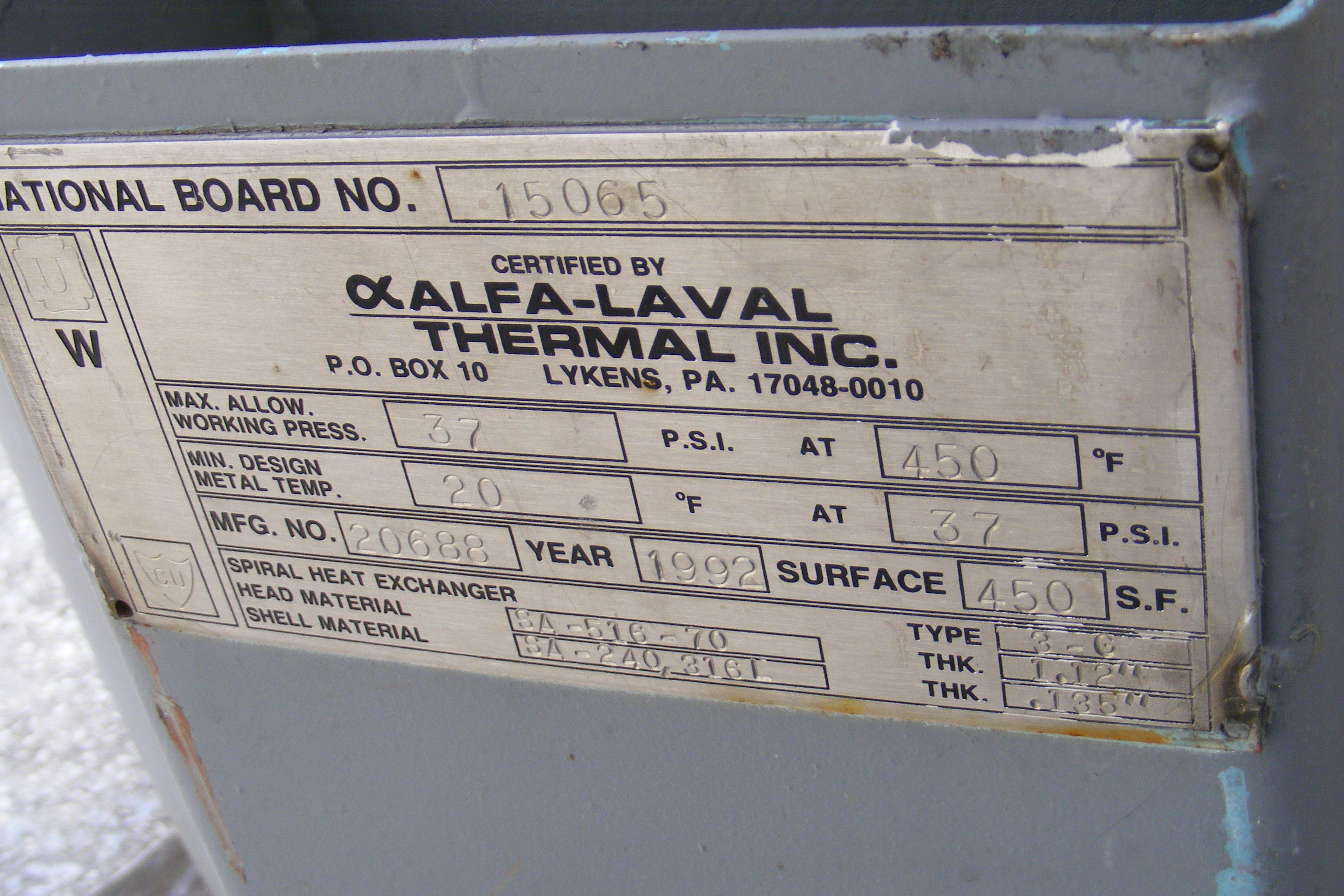 Stainless Steel 316 Alpha Laval 3-6 Spiral Heat Exchanger - IPP# 214330
