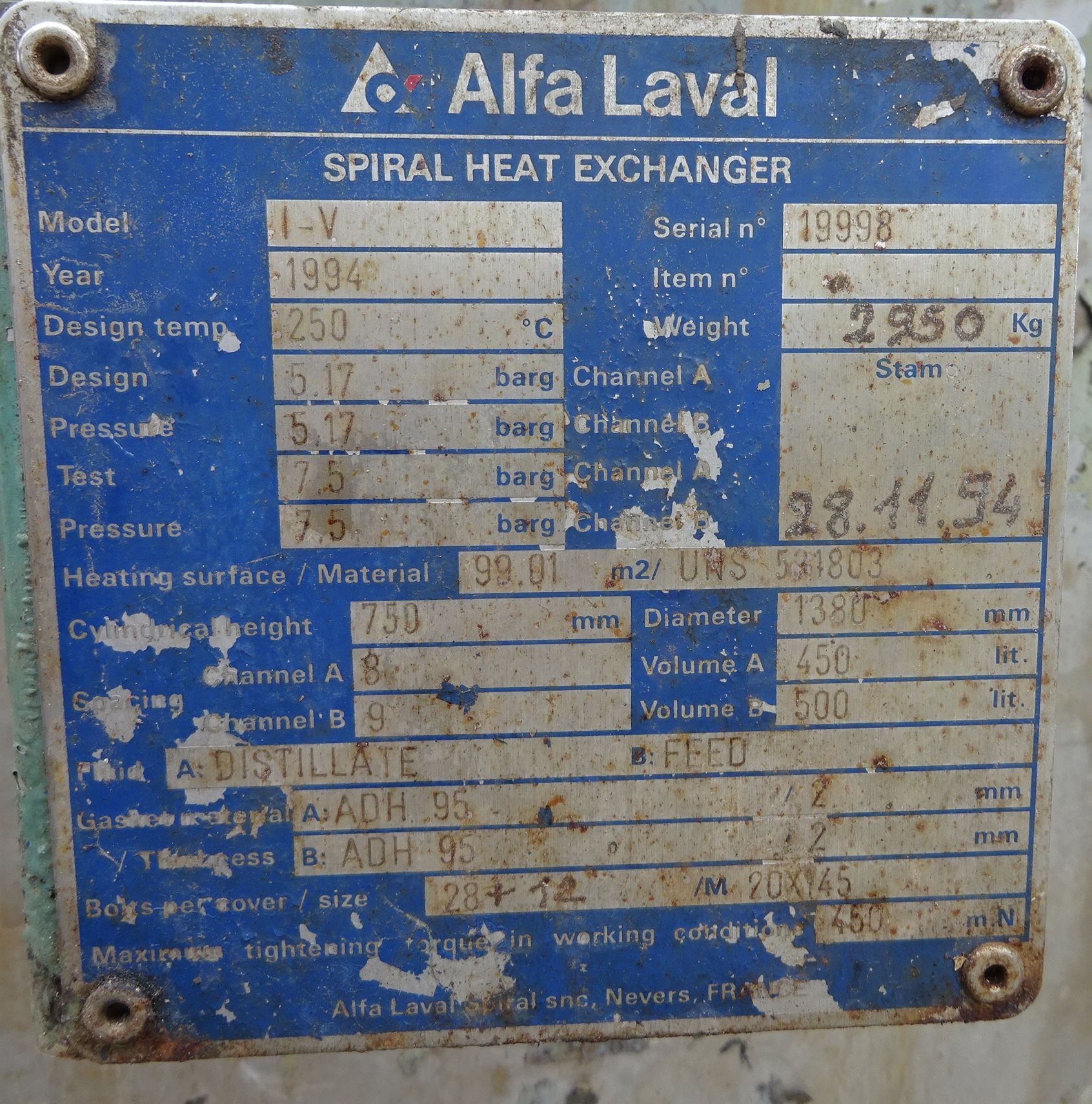 Stainless Steel 316 Alfa Laval 1-V Spiral Heat Exchanger - IPP# 215334