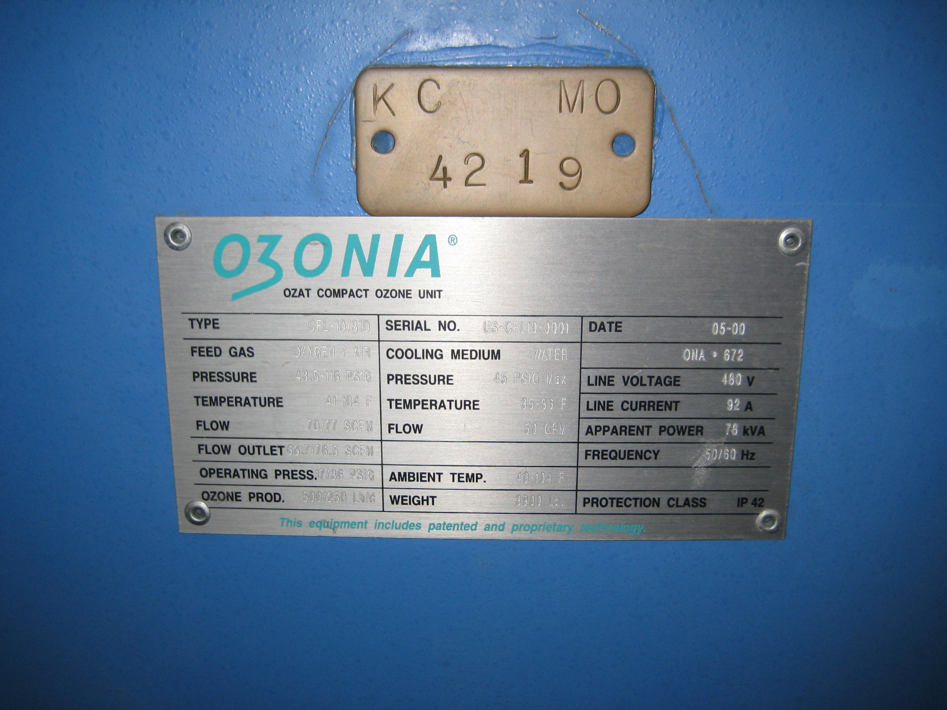 Gas Generator Ozonia CFL-10/3ID - IPP# 216075
