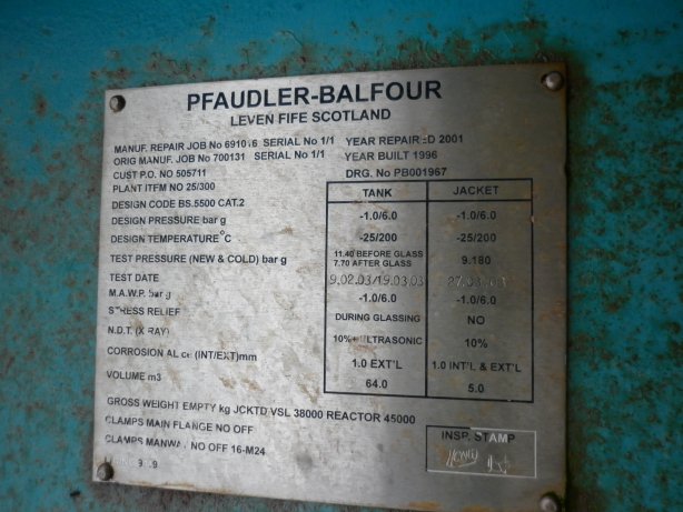 Glasslined Pfaudler BE Batch-Type Agitated Reactor - IPP# 216392