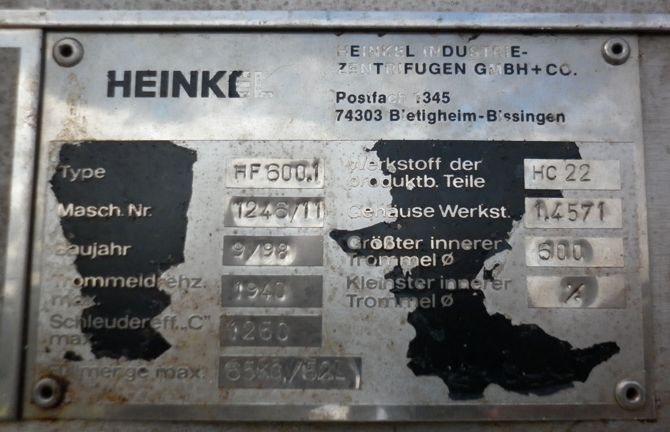 Hastelloy - C22 Heinkel HF-600.1 Centrifuge-Inverting Filter - IPP# 217611