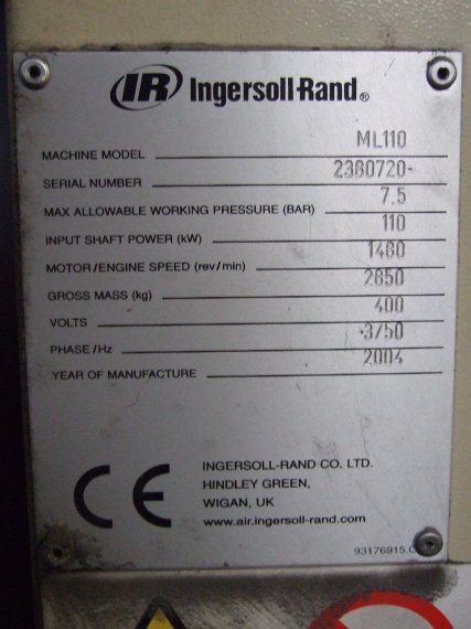 Ingersoll Rand SSR ML110 Rotary Compressor - IPP# 212163