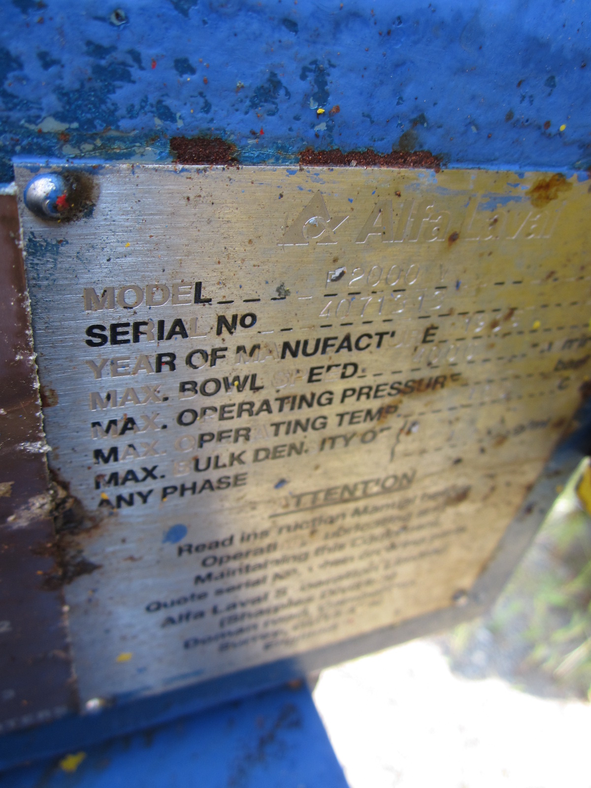 Stainless Steel 316 Alfa Laval P-2000 VME Centrifuge-Solid Bowl-Decanter - IPP# 212885