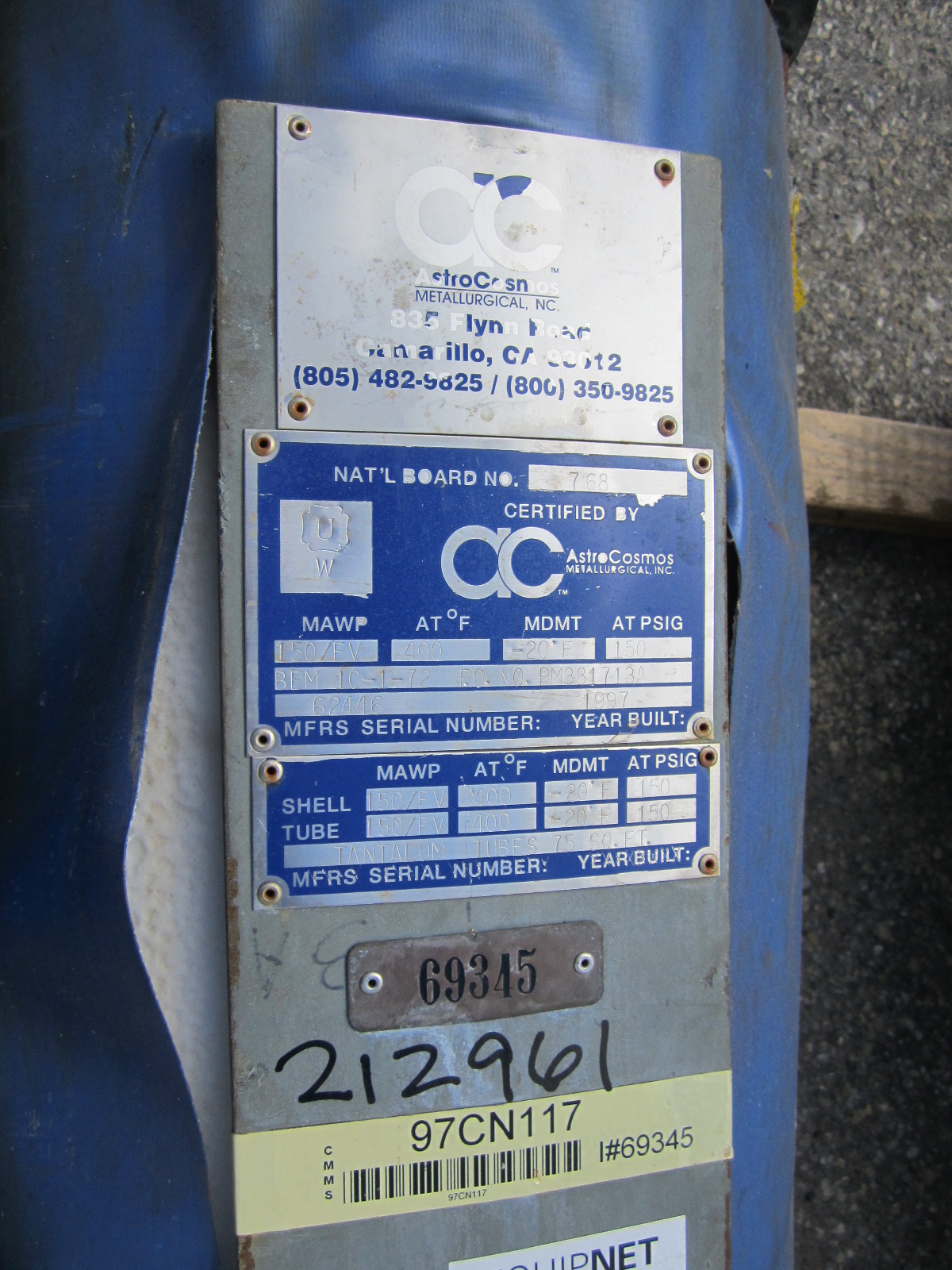 Tantalum Astro Cosmos Shell and Tube Heat Exchanger - IPP# 212961