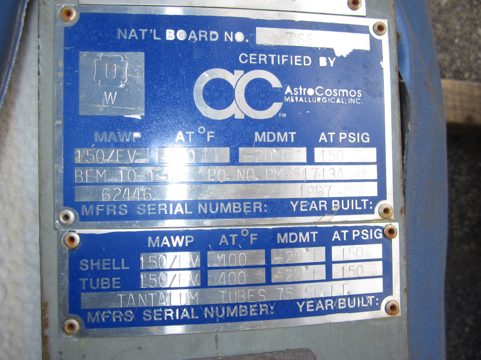 Tantalum Astro Cosmos Shell and Tube Heat Exchanger - IPP# 212961