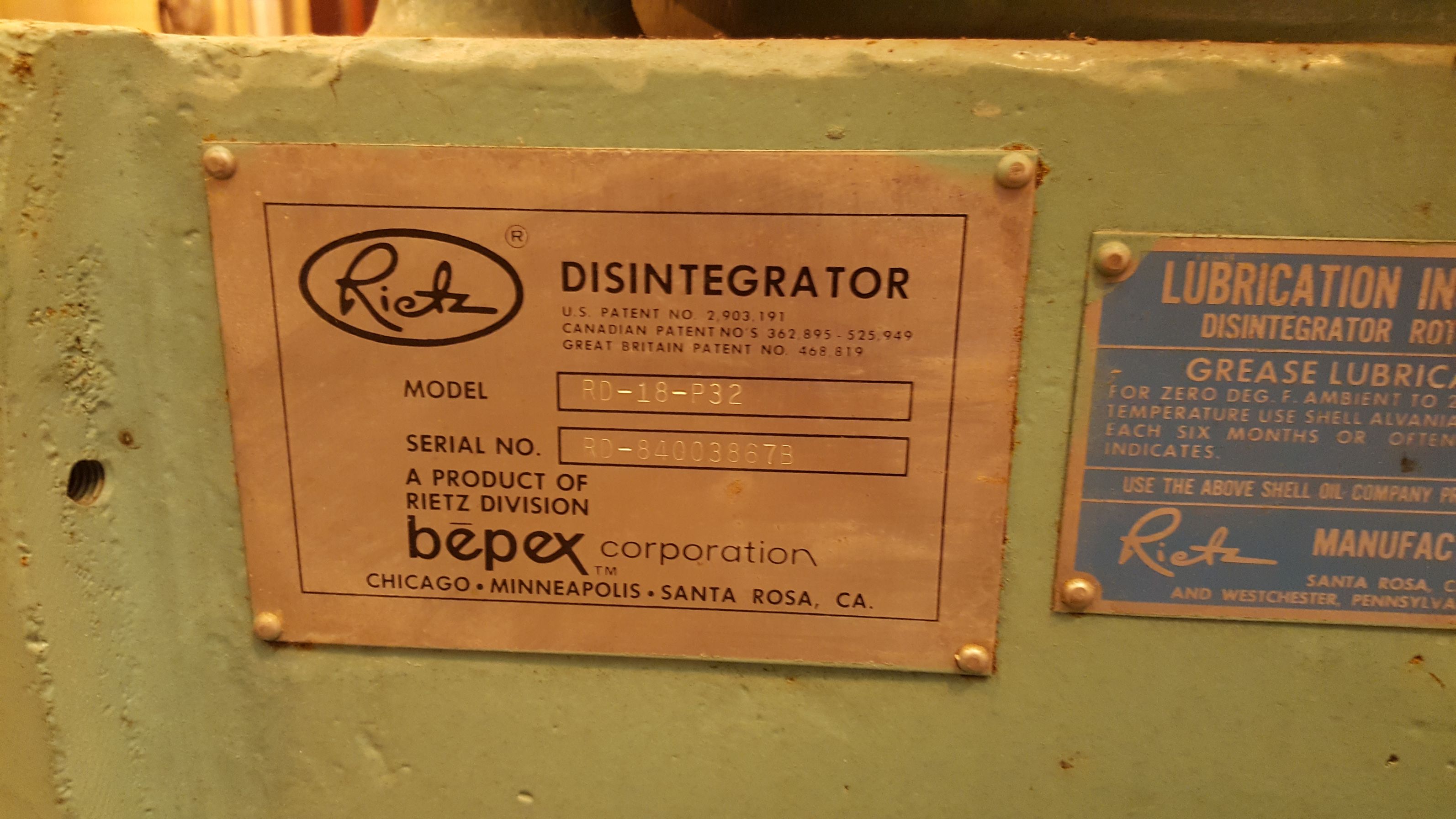 Unused Carbon Steel Rietz RD-18-P32 Granulator/Disintegrator Pulverizer - IPP# 225387