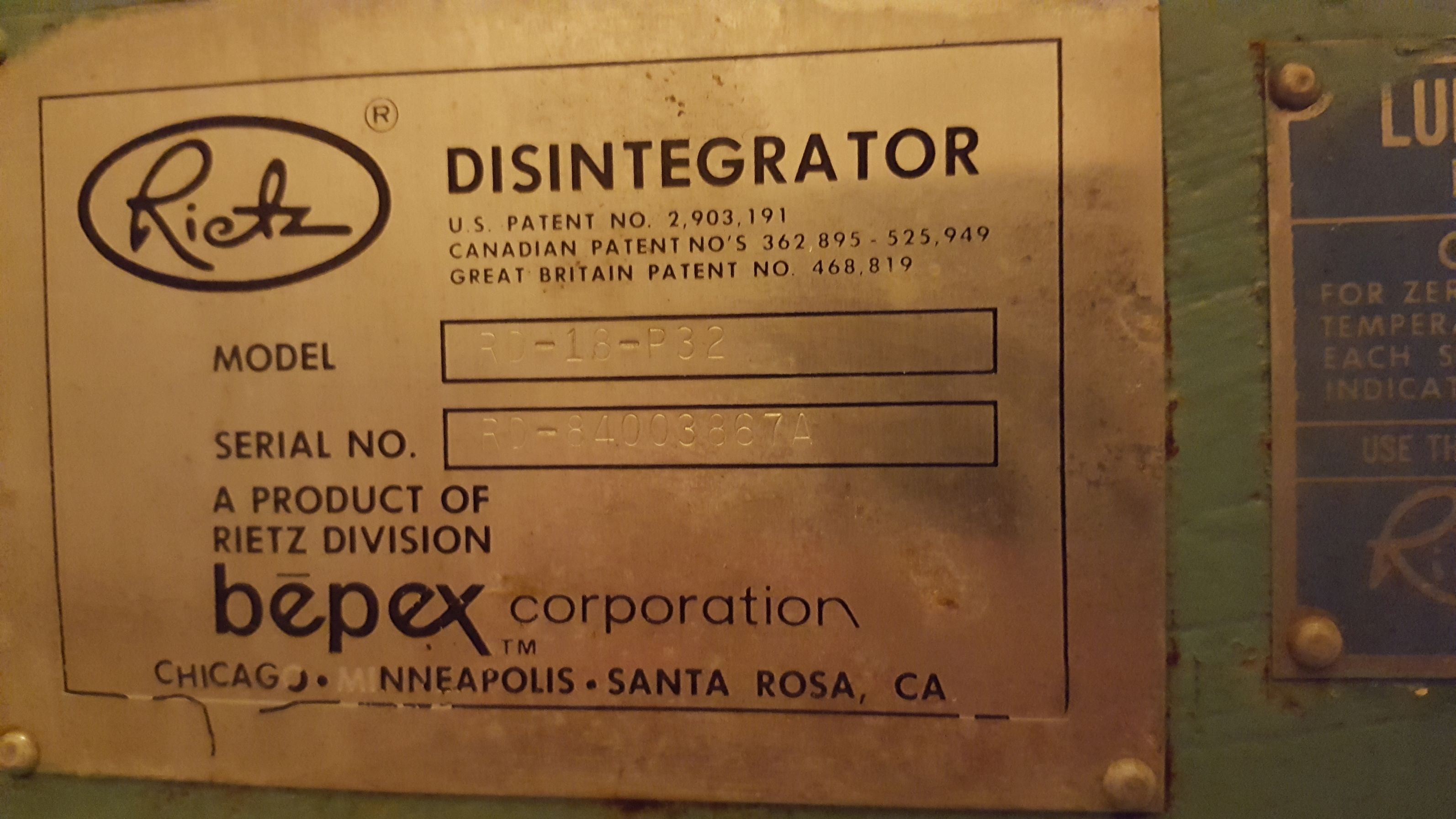 Unused Carbon Steel Rietz RD-18-P32 Granulator/Disintegrator Pulverizer - IPP# 225386