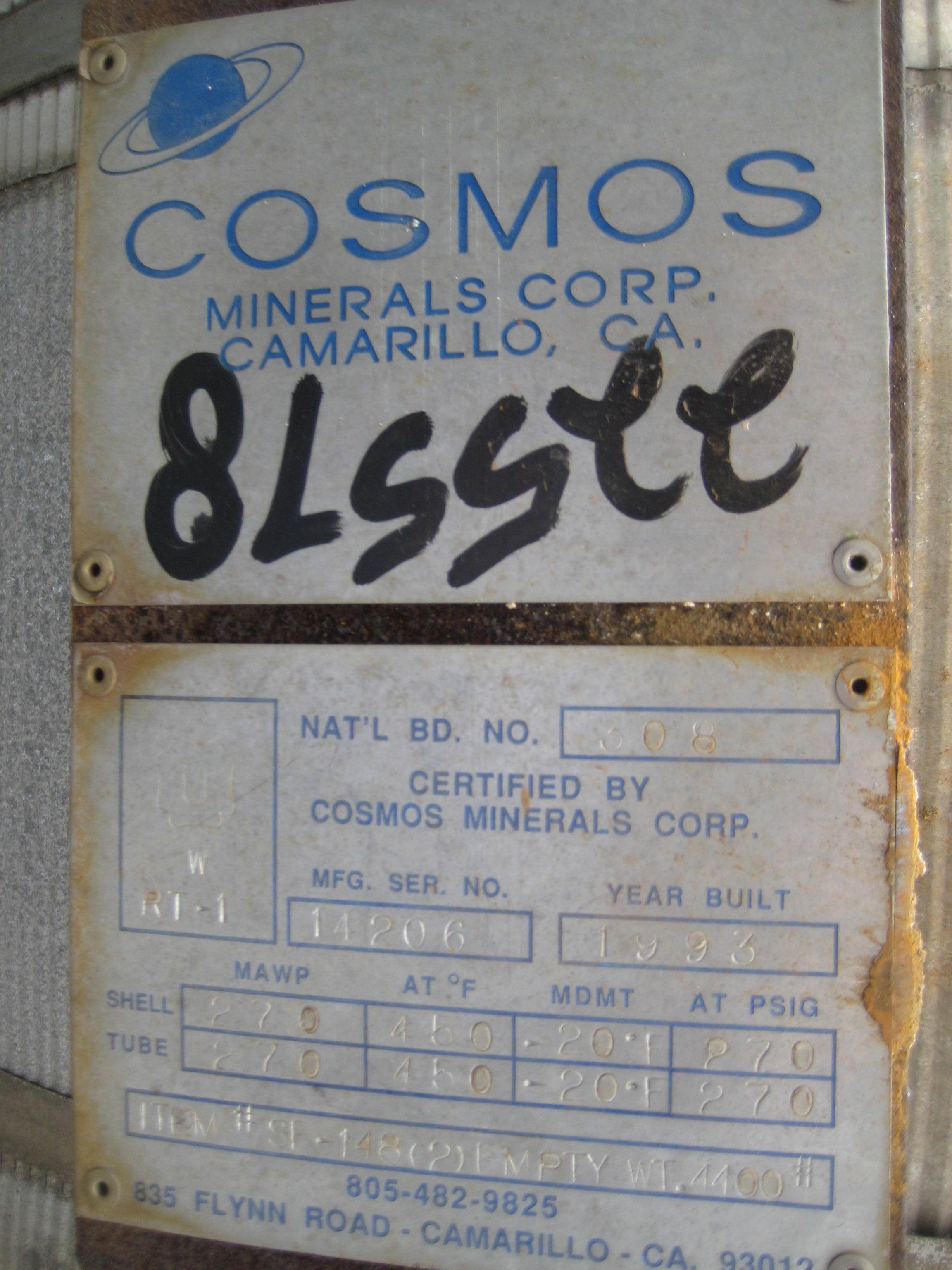 Hastelloy - B Clad Cosmos Minerals AEL Shell and Tube Heat Exchanger - IPP# 225578