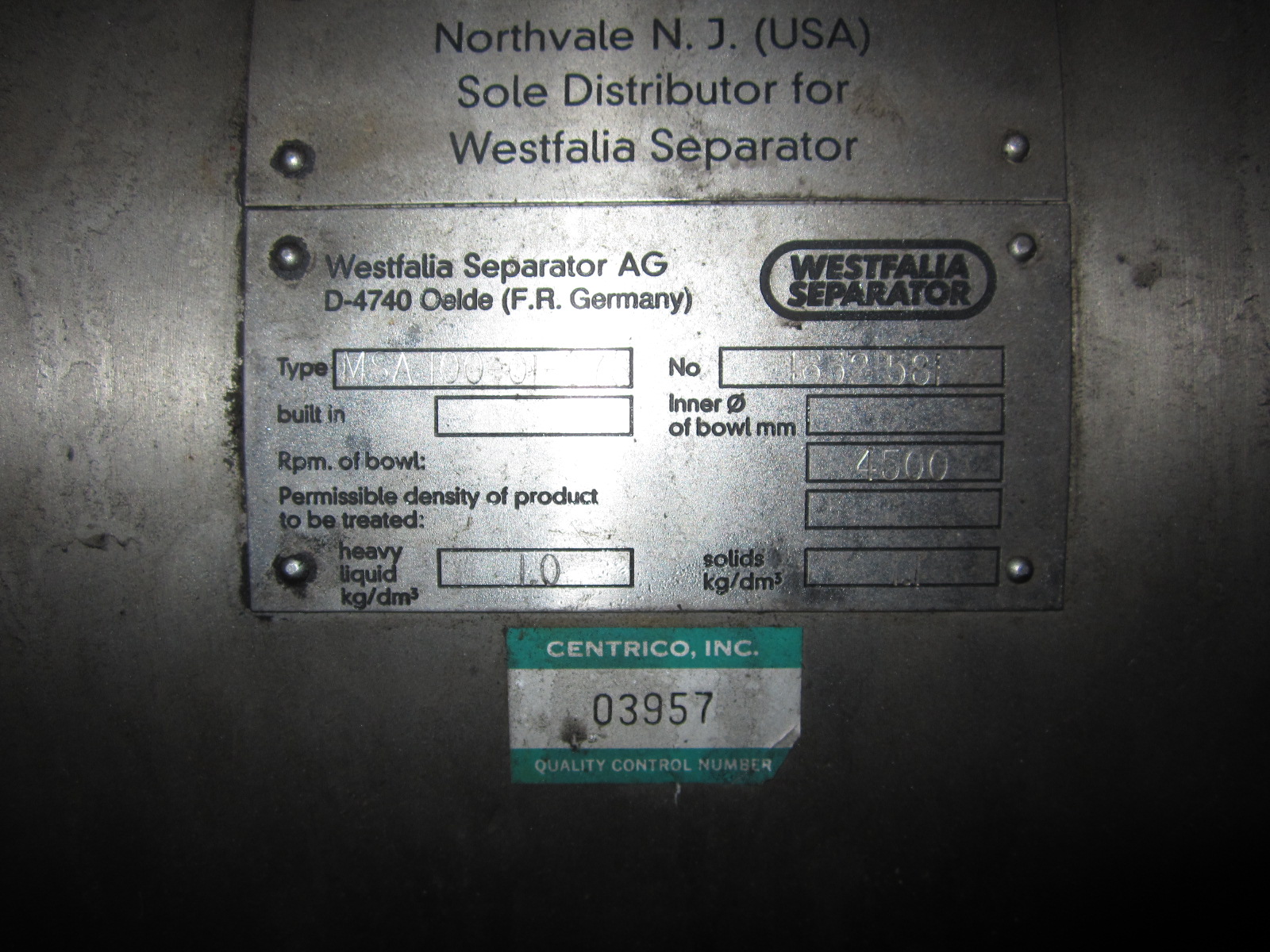 Stainless Steel 316 Westfalia MSA100-01-076 Centrifuge-Disc Bowl - IPP# 220187