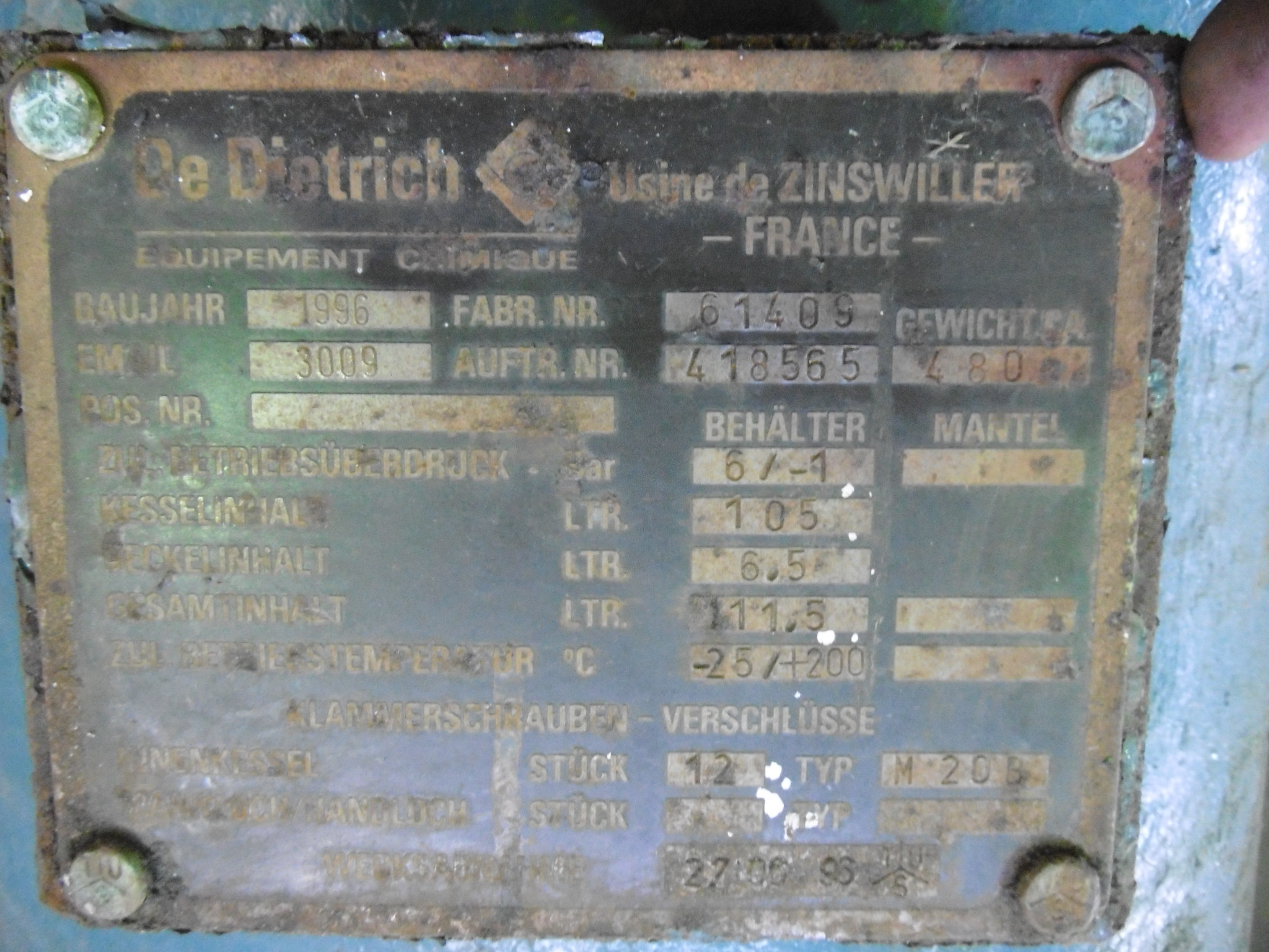 Glasslined DeDietrich 418565 Tank - IPP# 220513