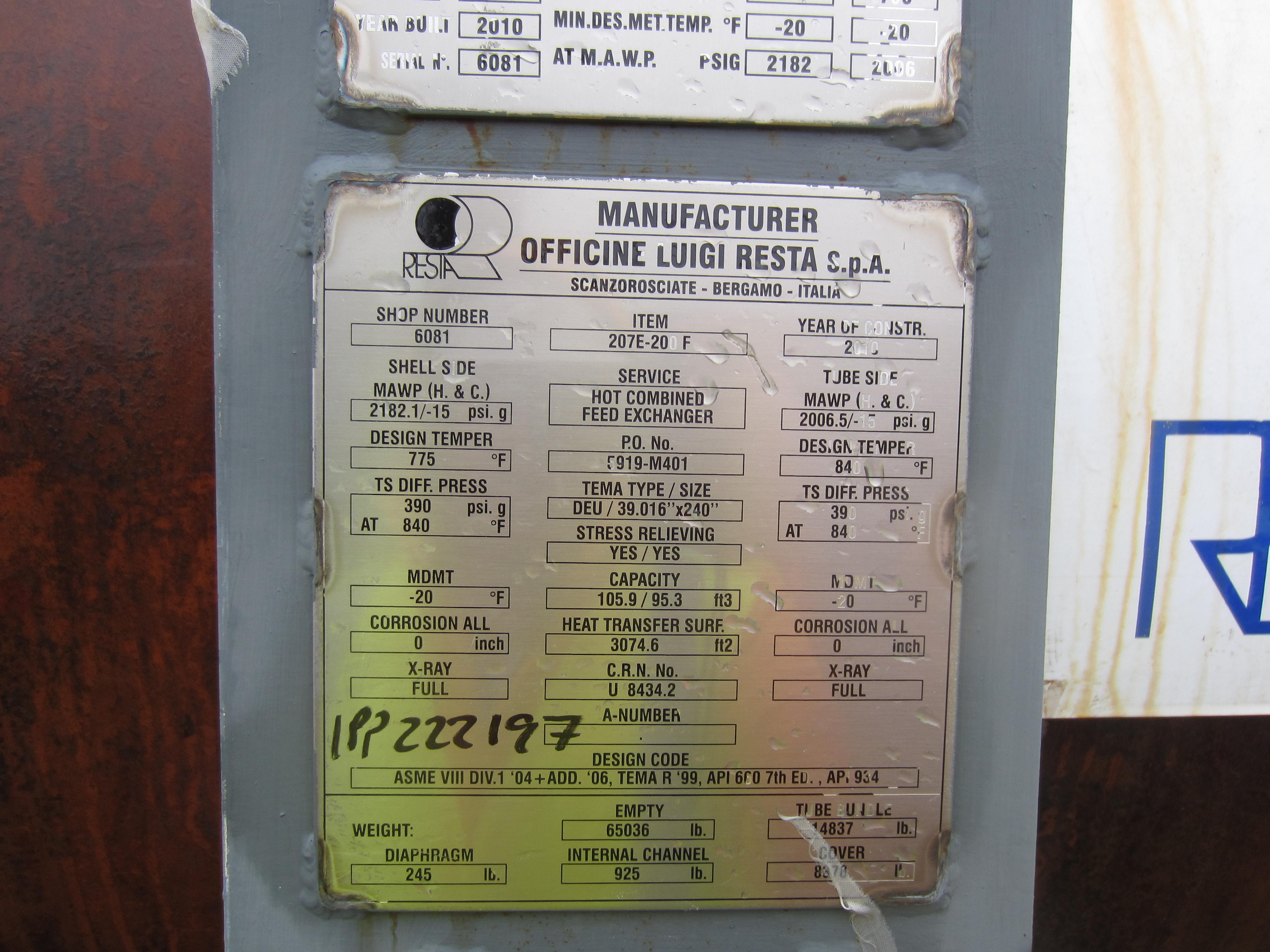 Unused Stainless Steel 321 Clad Shell and Tube Heat Exchanger - IPP# 222197