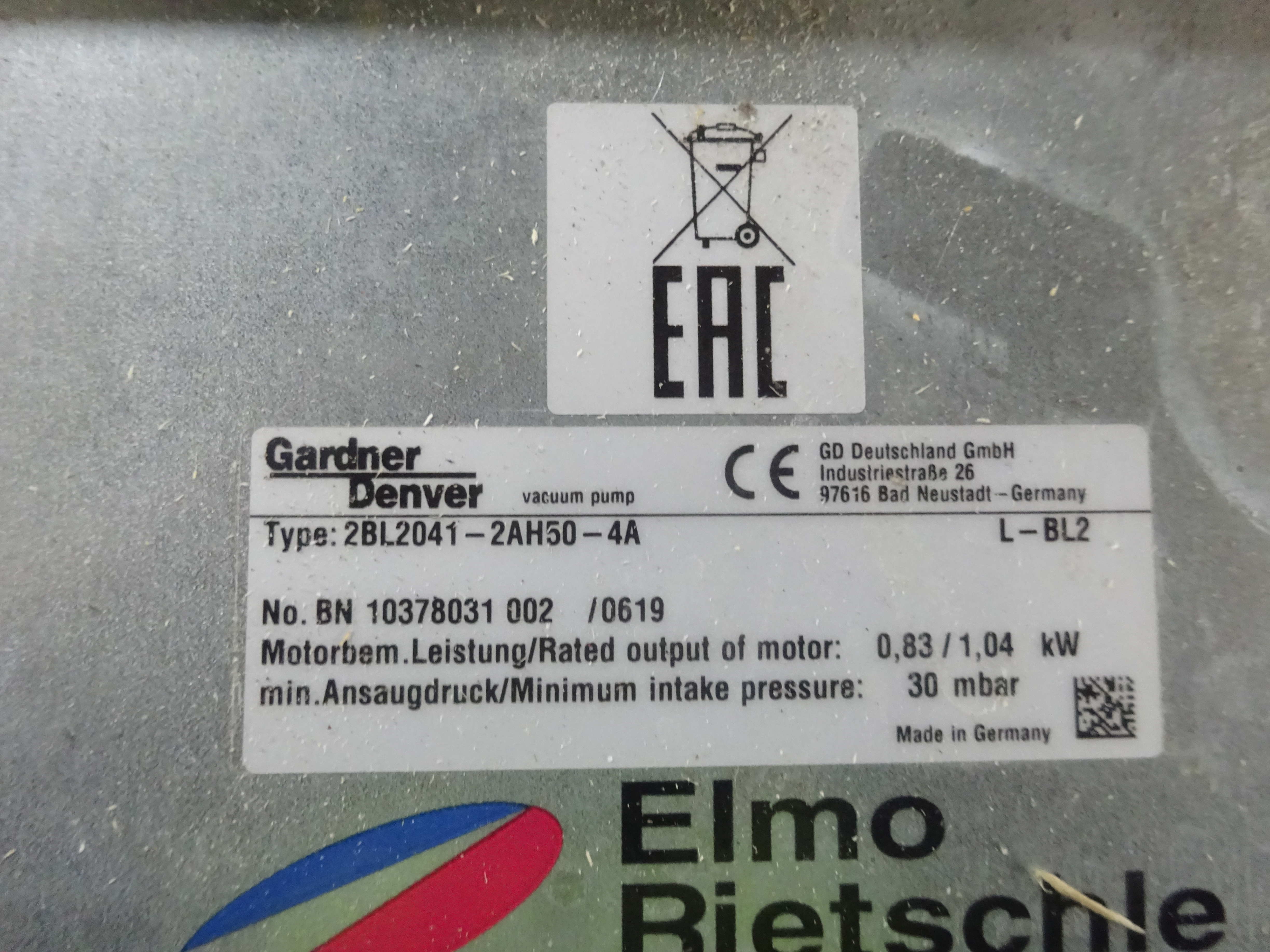 Carbon Steel Elmo Rietschle (A Gardner Denver Co.) 2BL2041-2AH50-4A Pump-Vacuum - IPP# 239377