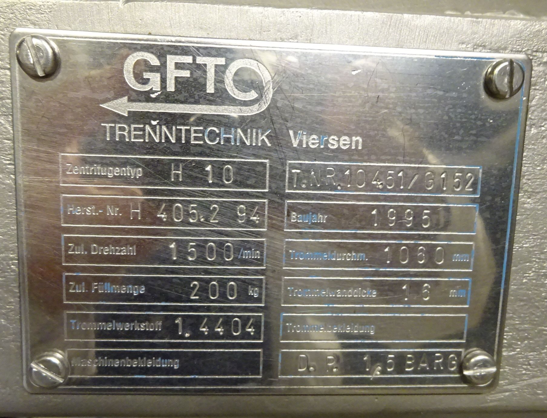 Stainless Steel 316 GFT Trenntechnik H10 Centrifuge-Peeler - IPP# 231010