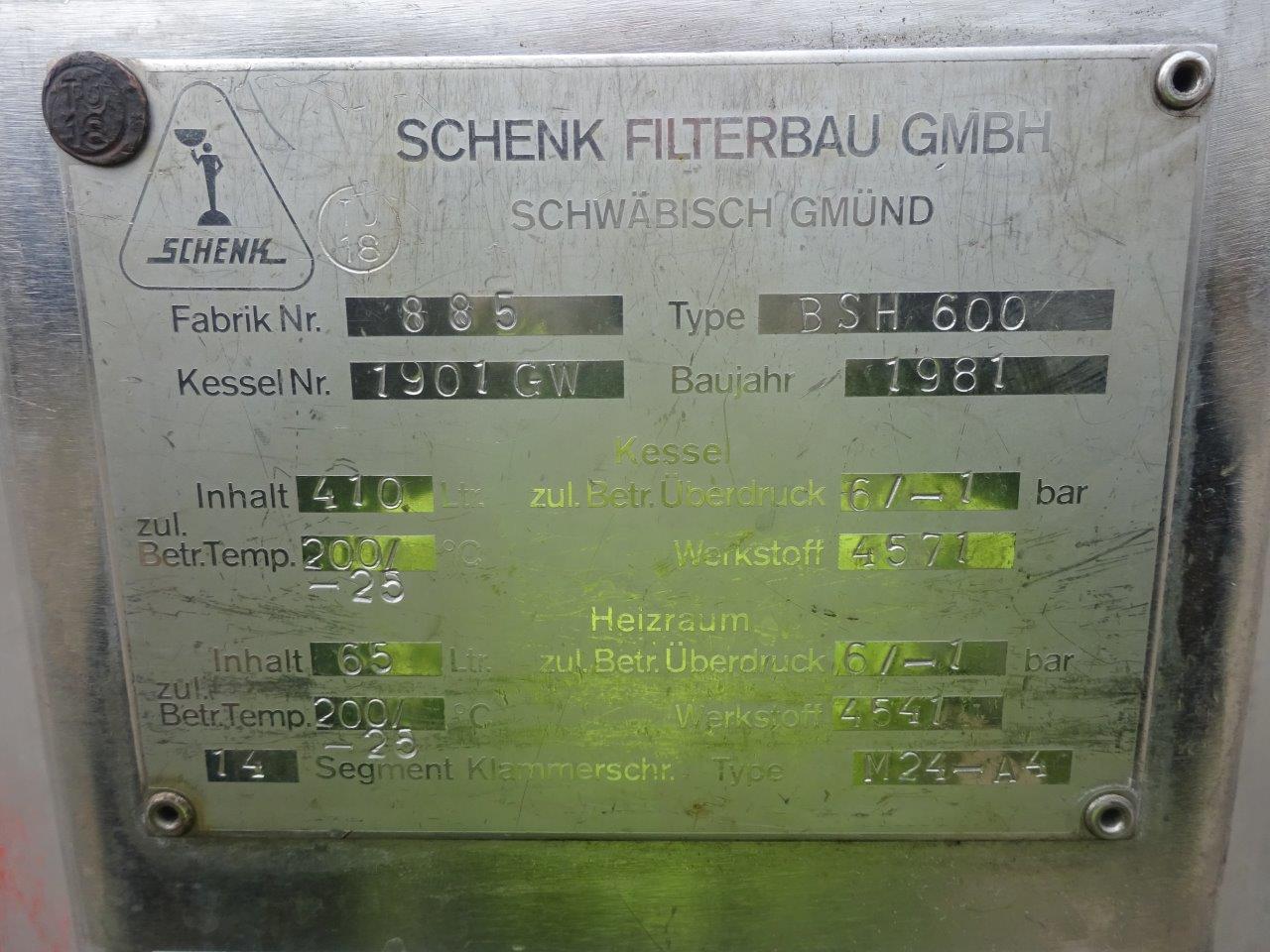 Stainless Steel Austenitic Schenck BSH 600 Pressure Leaf Filter - IPP# 231138