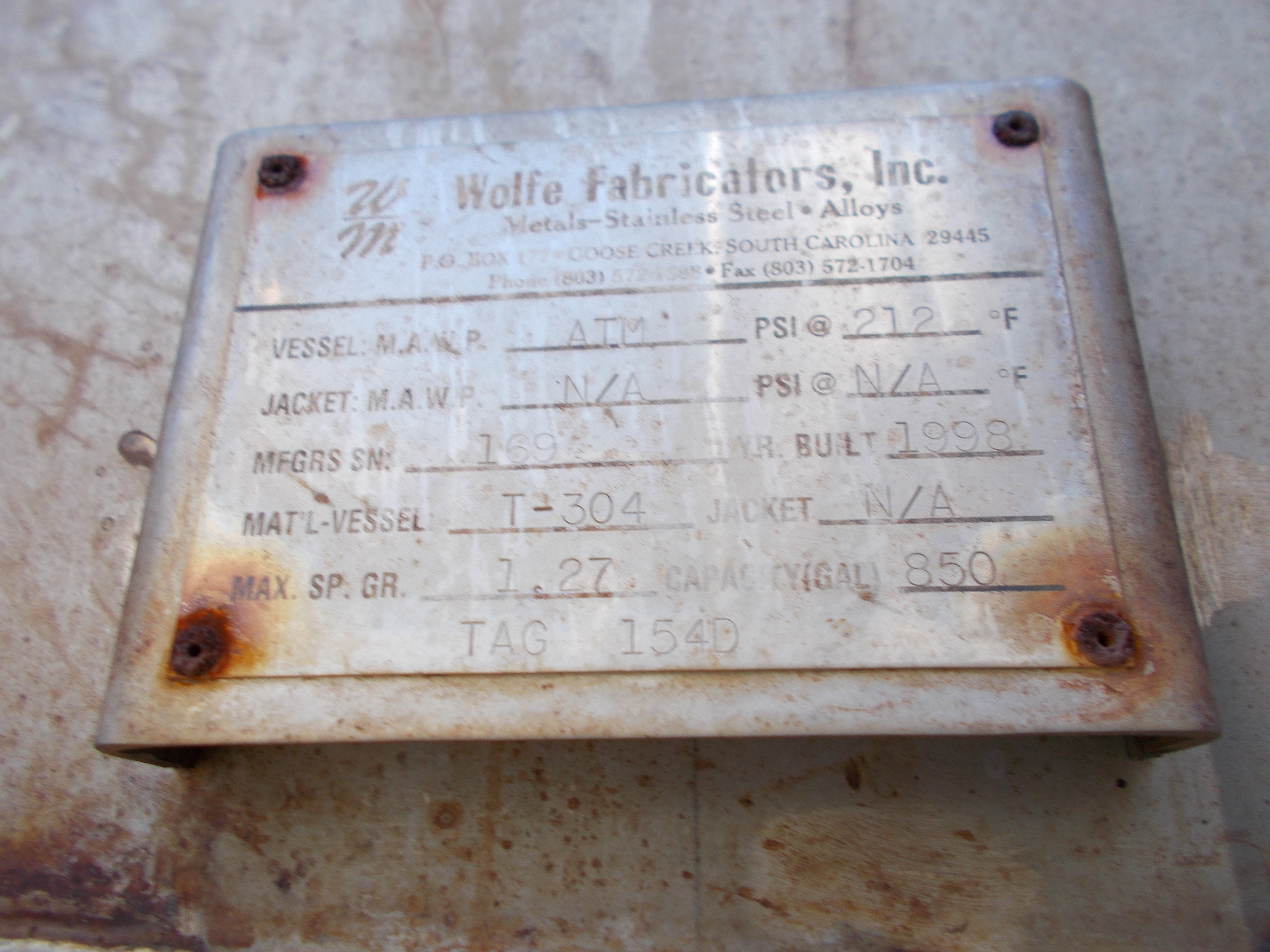 Stainless Steel 304 Wolfe Mechanical Tank - IPP# 232113