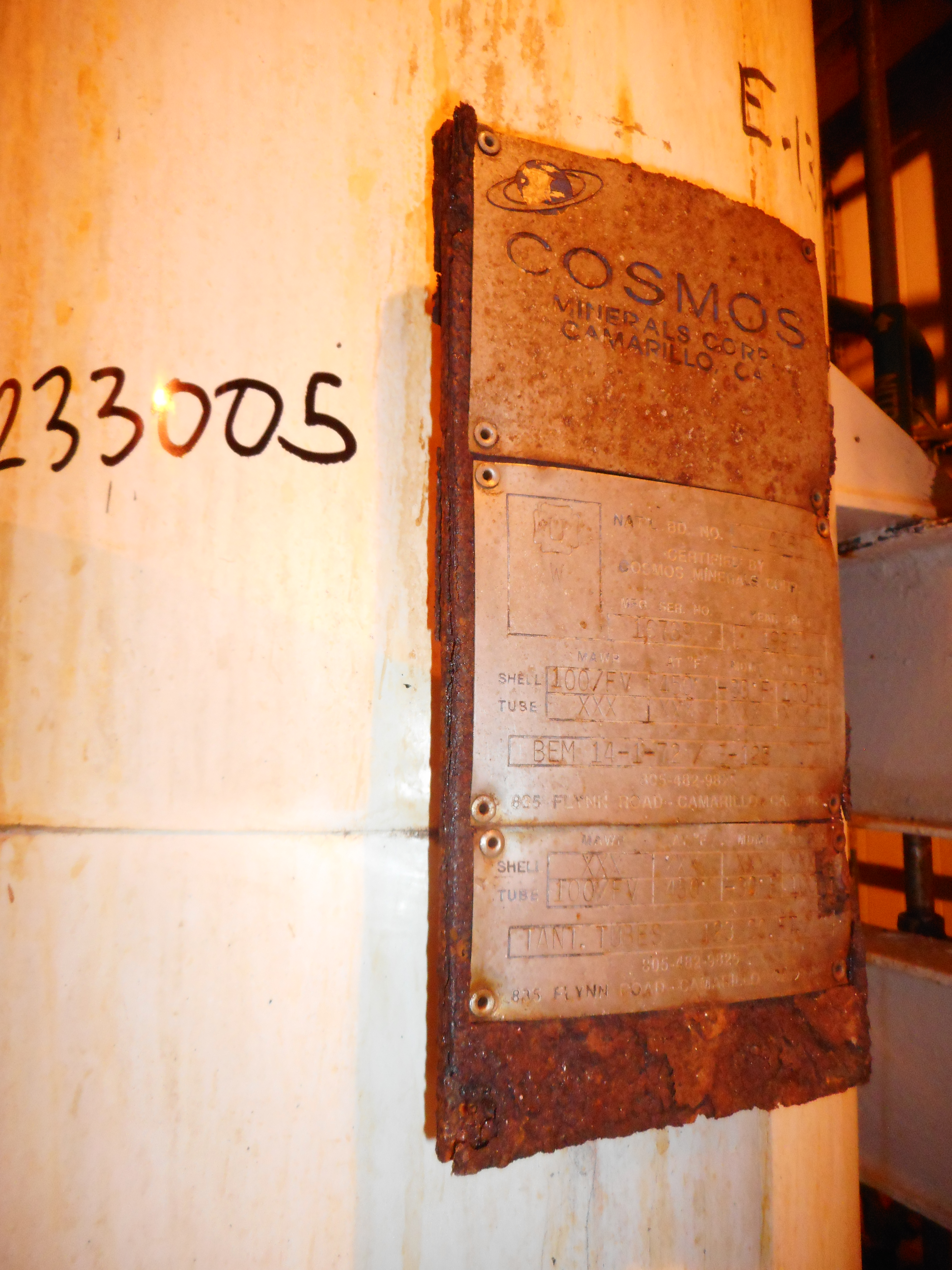 Tantalum Clad Cosmos Minerals BEM-14-1-72 Shell and Tube Heat Exchanger - IPP# 233005