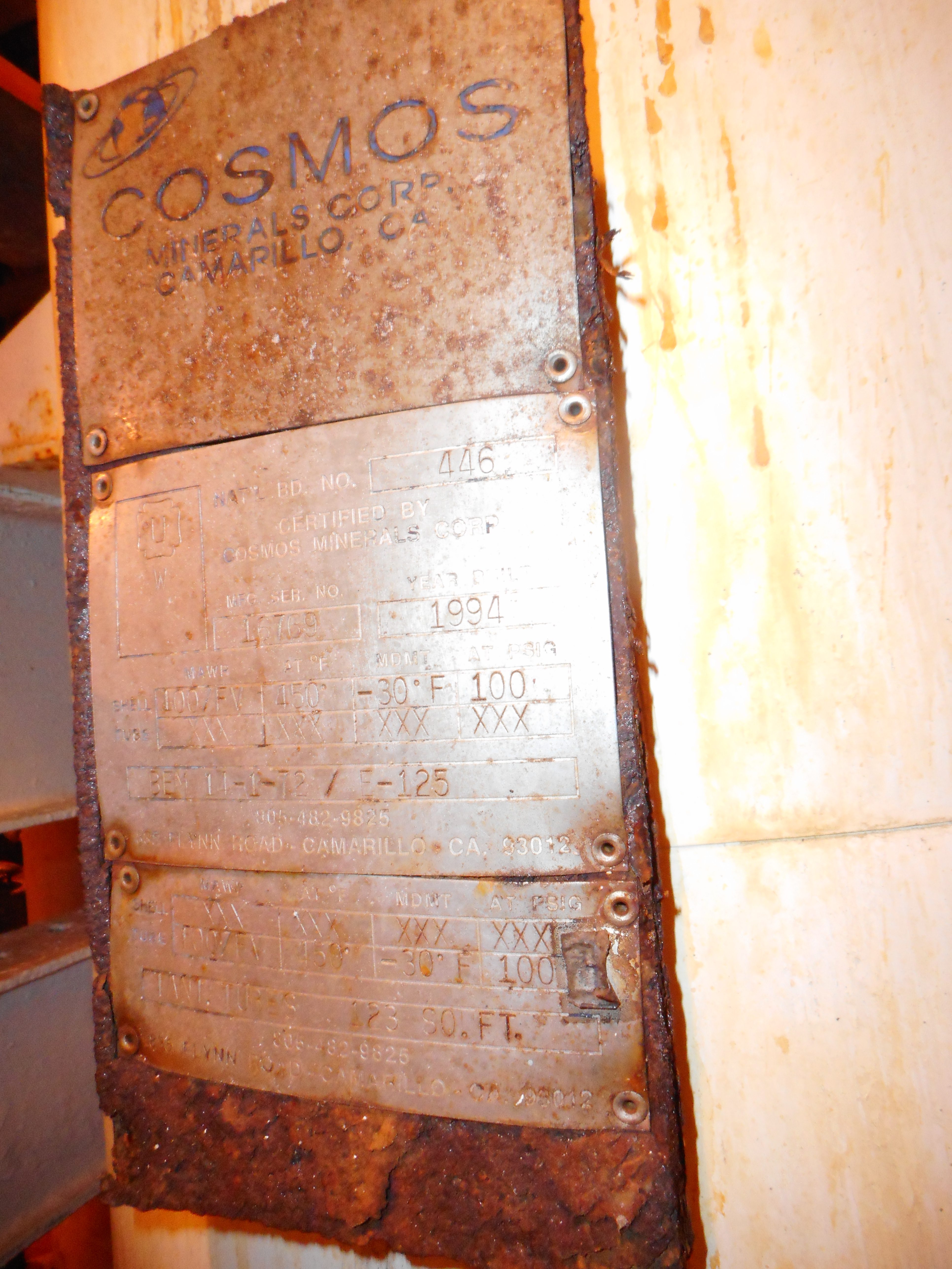 Tantalum Clad Cosmos Minerals BEM-14-1-72 Shell and Tube Heat Exchanger - IPP# 233005