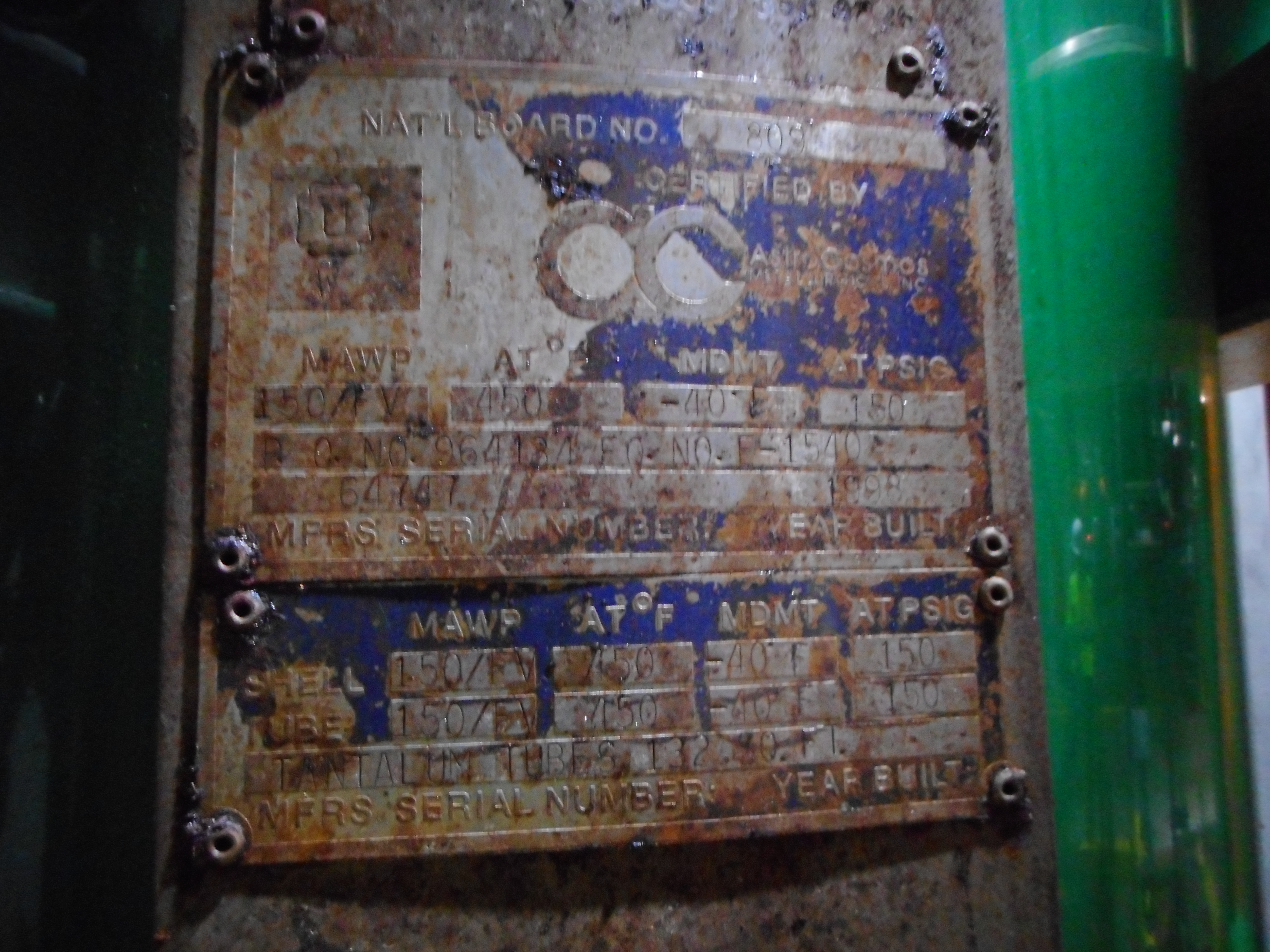 Tantalum Clad Cosmos Minerals BEM-18-1-48 Shell and Tube Heat Exchanger - IPP# 233020