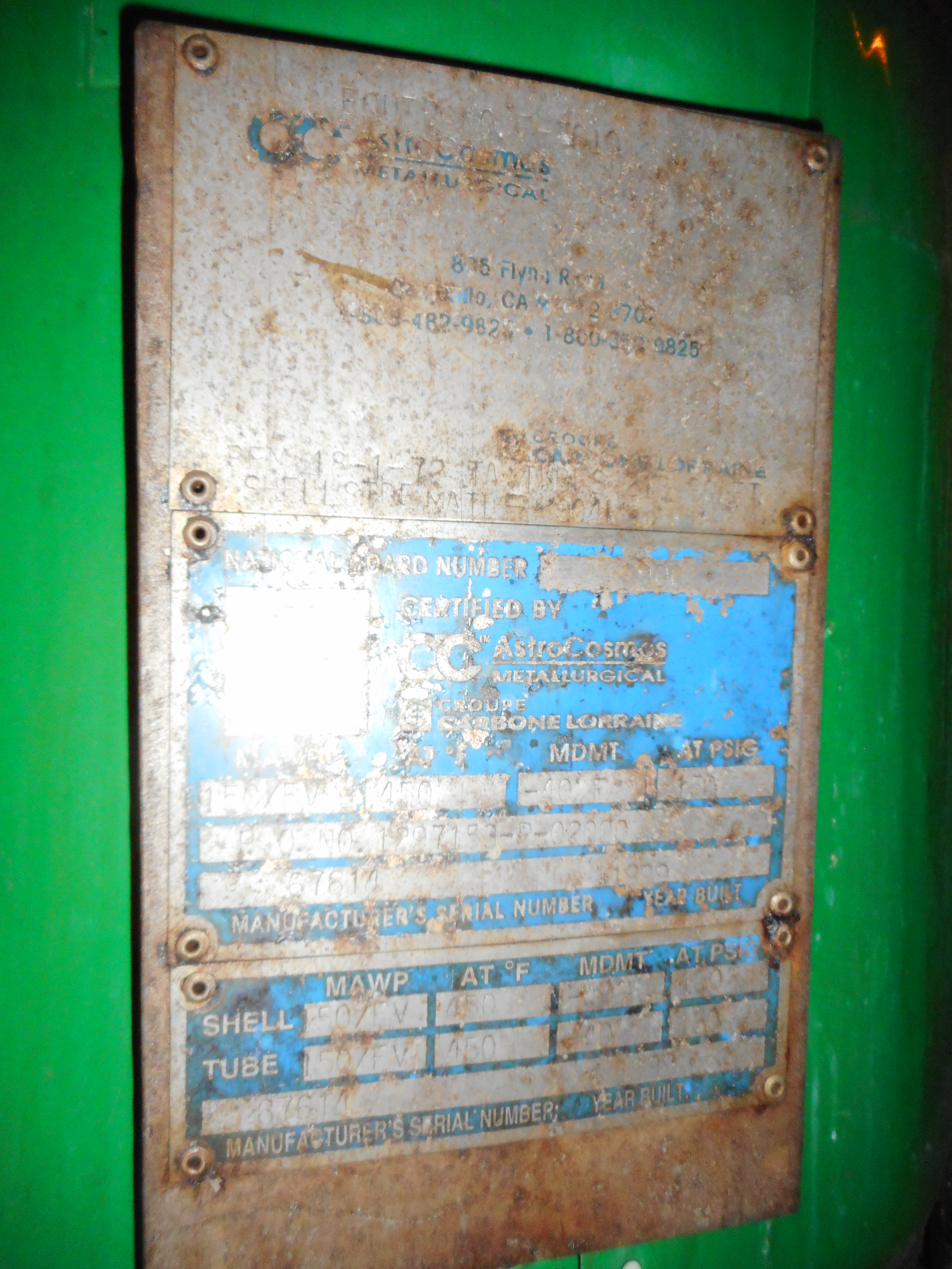 Tantalum Clad Astro Cosmos Metallurgical BEM-18-1-72 Shell and Tube Heat Exchanger - IPP# 233034