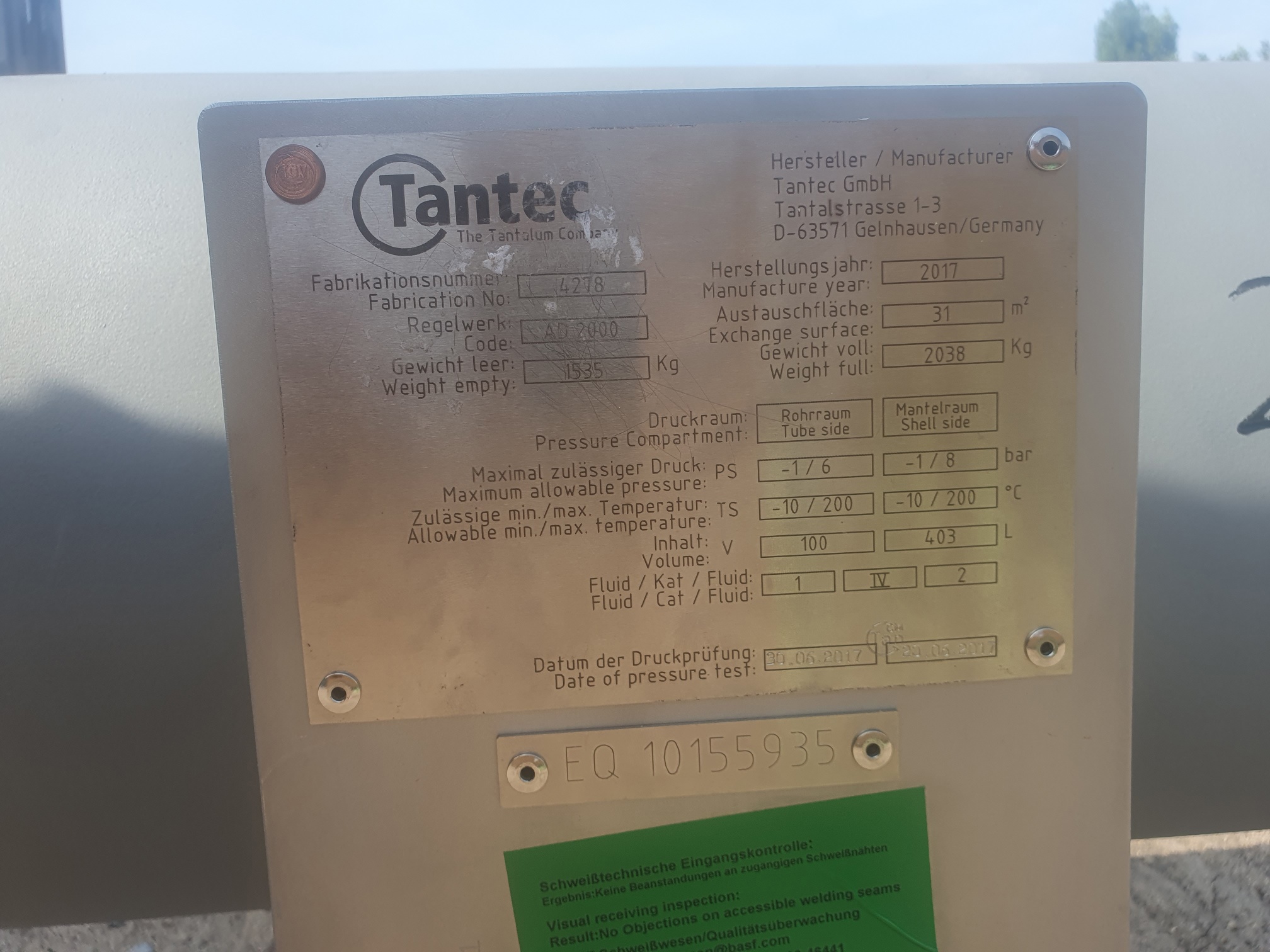 Unused Tantalum Tantec Shell and Tube Heat Exchanger - IPP# 246635