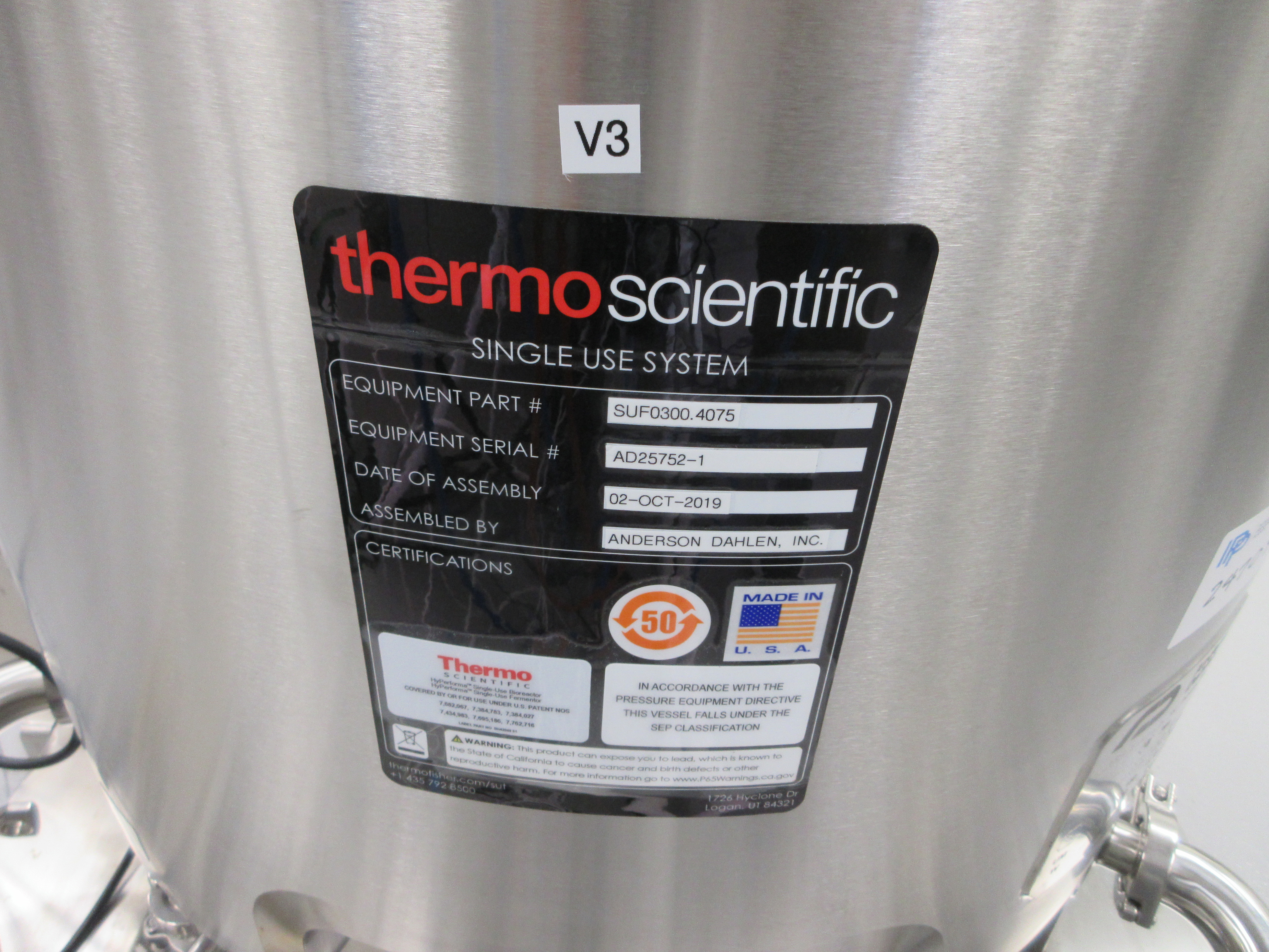 Stainless Steel 304 ThermoFisher HyPerforma SUF0300.4075 Fermenter - IPP# 247097