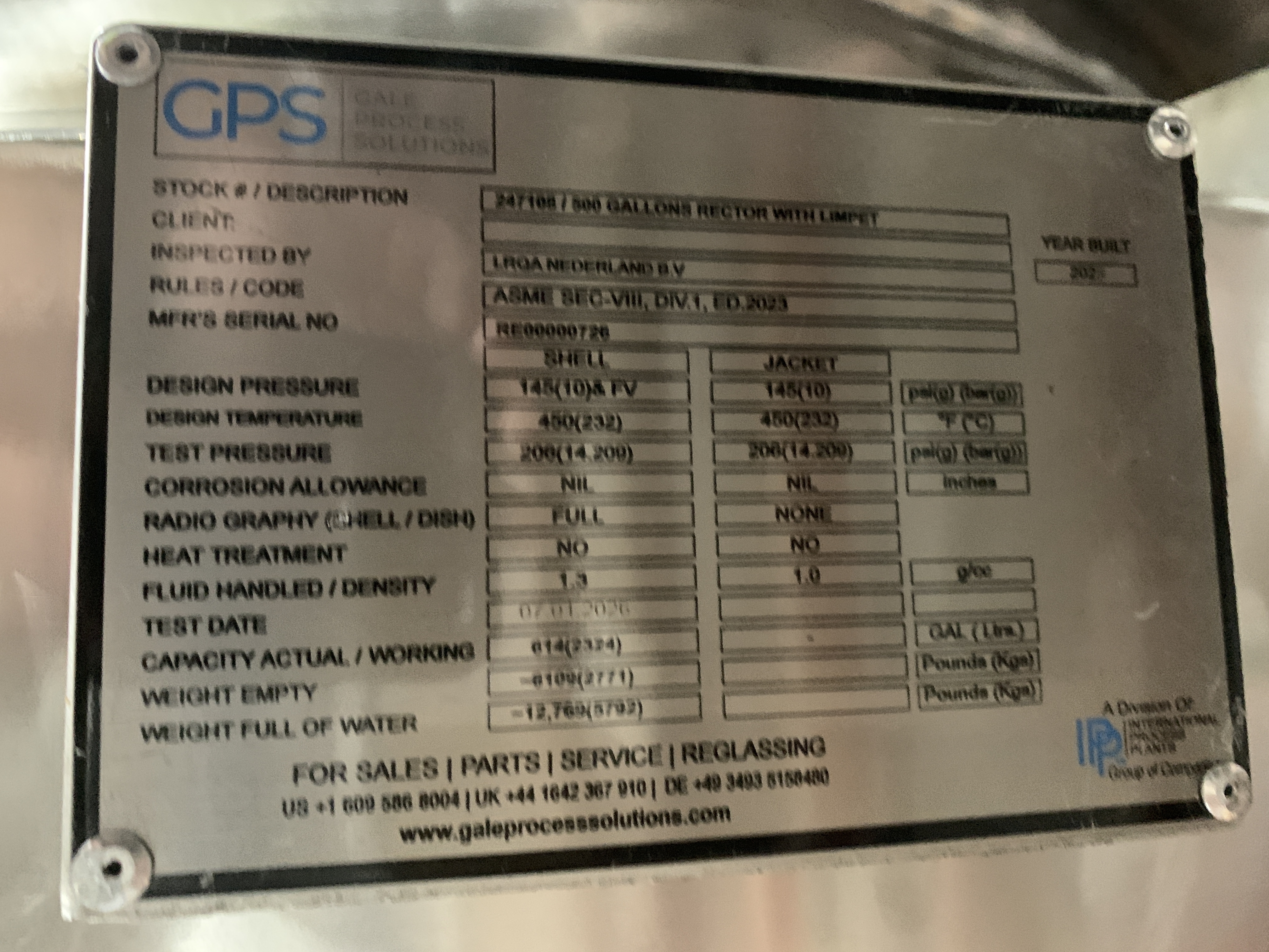 New Stainless Steel 316L Gale Process Solutions Batch-Type Agitated Reactor