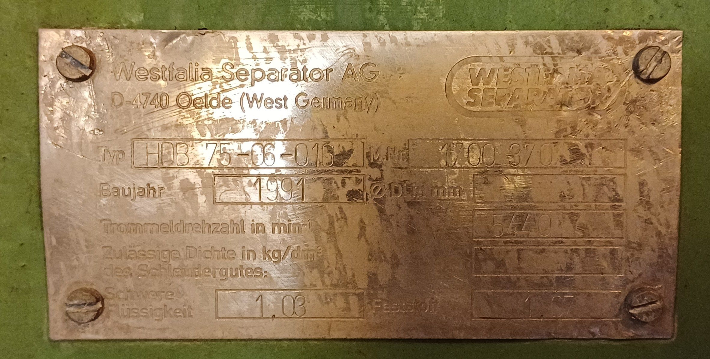 Stainless Steel 316L Westfalia HDB 75-06-016 Disc Bowl Centrifuge - IPP# 248277