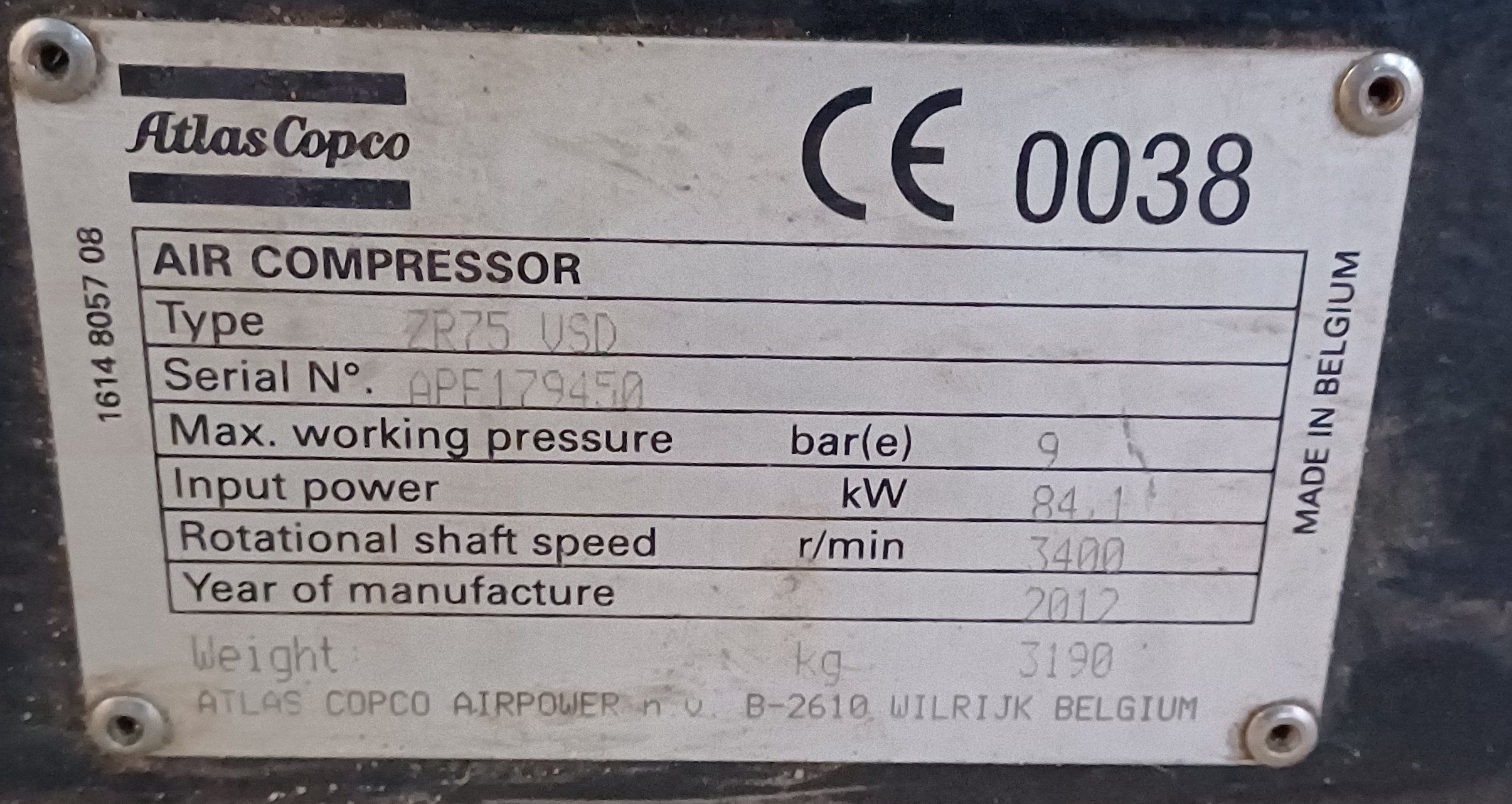 Carbon Steel Atlas Copco ZR75 VSD Rotary Screw Compressor - IPP# 248283