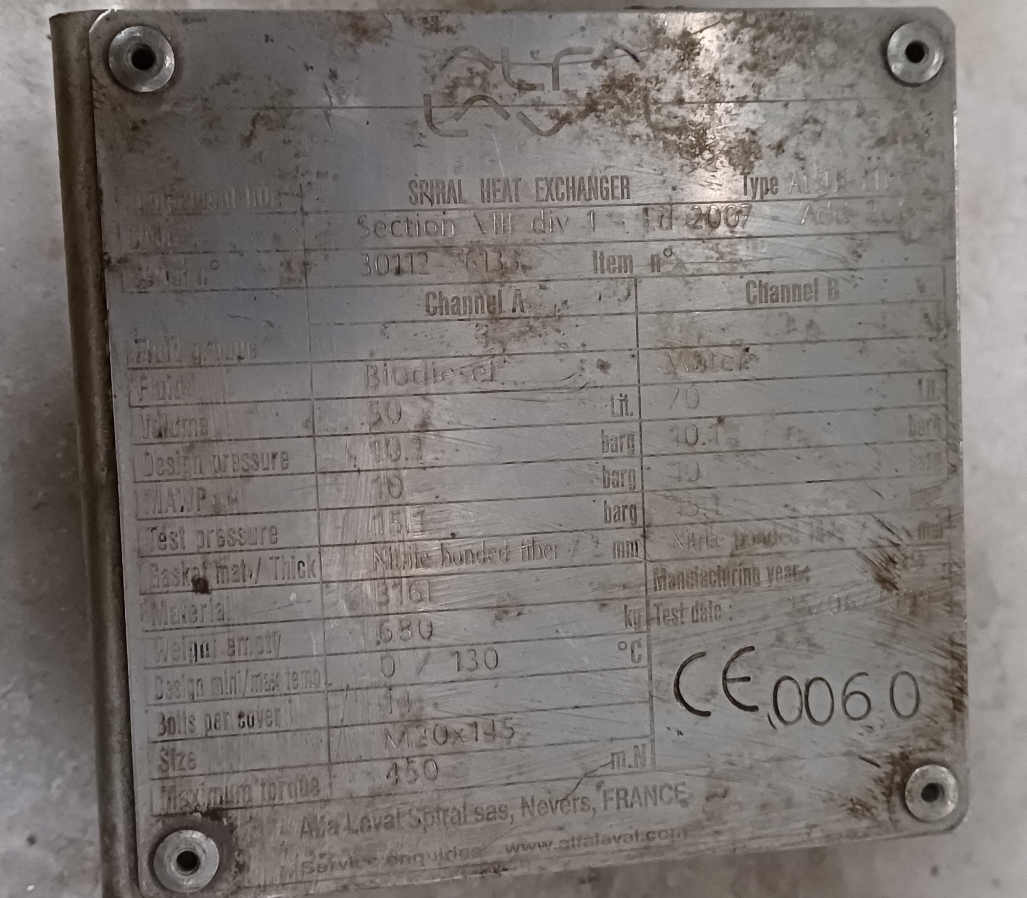 Stainless Steel 316L Alfa Laval AI.SHE LTL. 13S Spiral Heat Exchanger - IPP# 248320