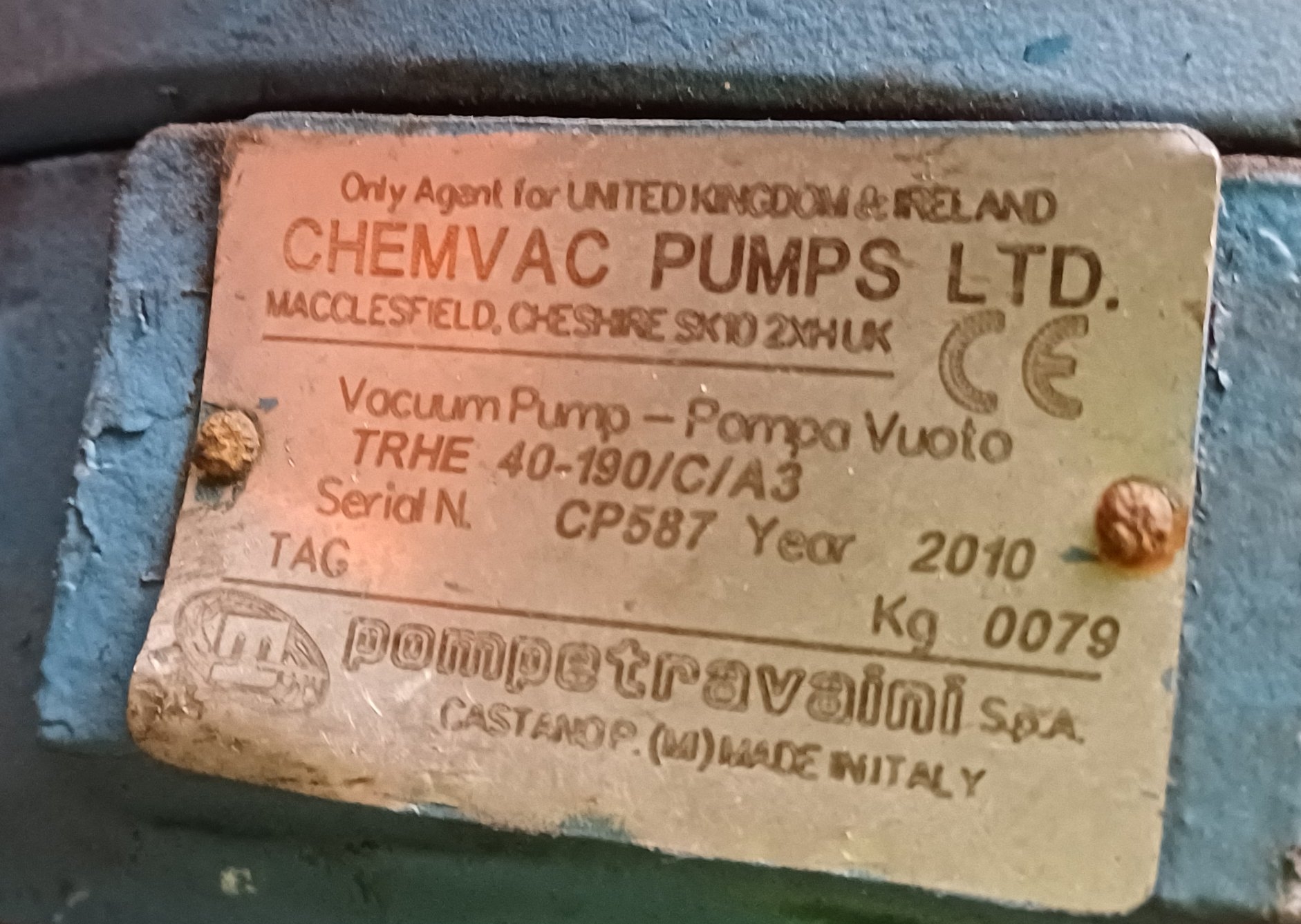 Stainless Steel 316L Chemvac Pumps Ltd TRHE 40-190/C/A3 Vacuum Pump - IPP# 248324