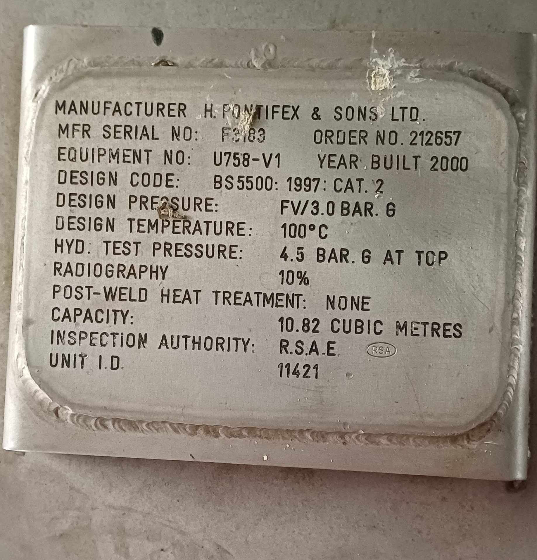 Stainless Steel 316L H.Pontifex & Sons Ltd. Tank - IPP# 242762