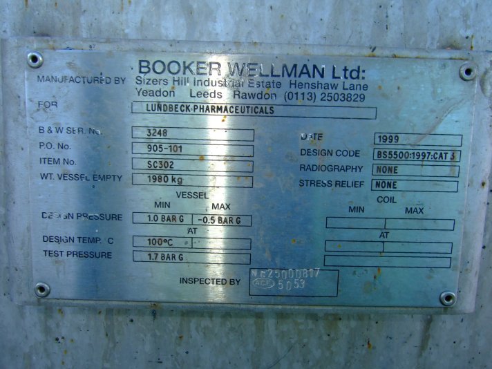 Stainless Steel 316 Booker Wellman Ltd. Tank - IPP# 706708