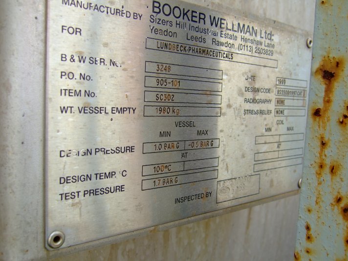 Stainless Steel 316 Booker Wellman Ltd. Tank - IPP# 706708